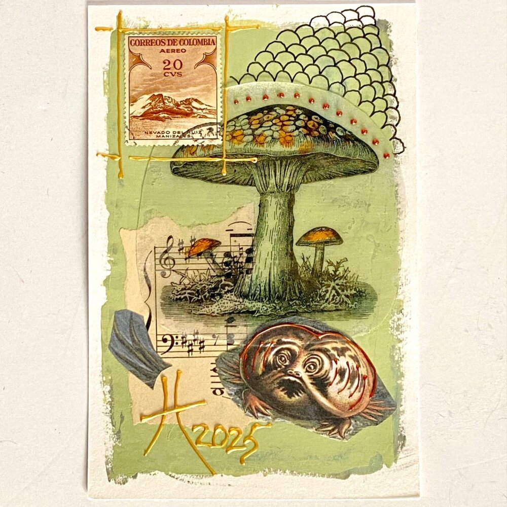 Croakin 8 Original Frog Collage Painting Wall Art Matted 8x10in Frame Ready